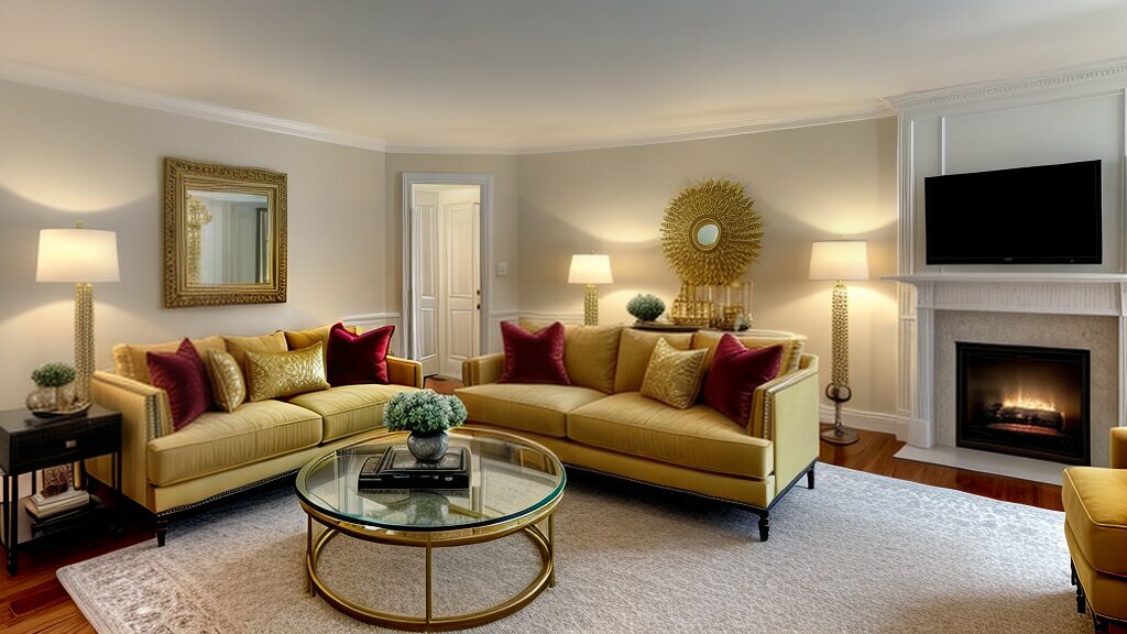Contemporary gold-themed living room interior design