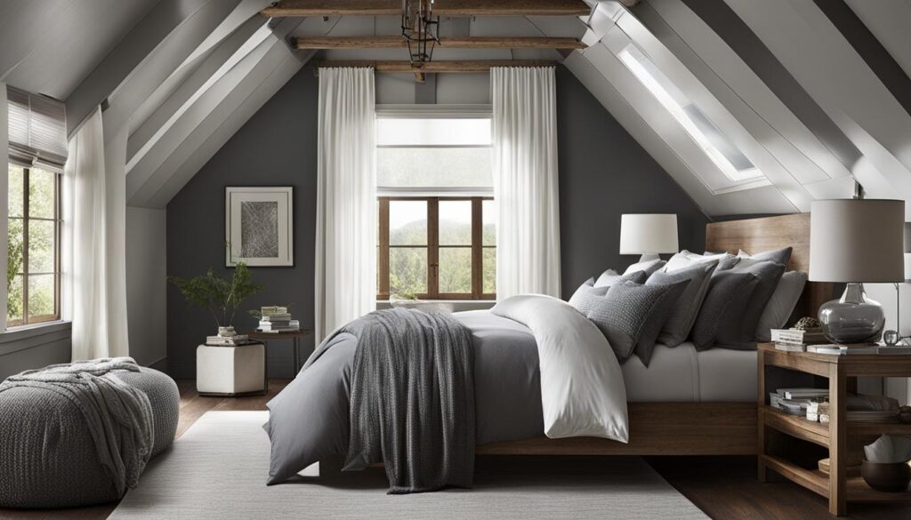attic bedroom with gray color palette