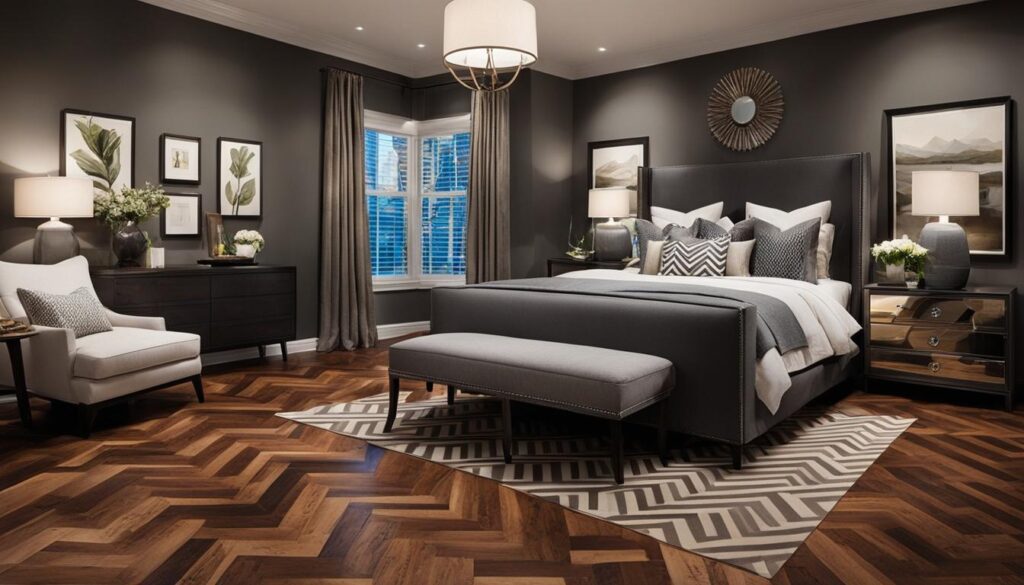 bedroom design ideas with chevron wood floors