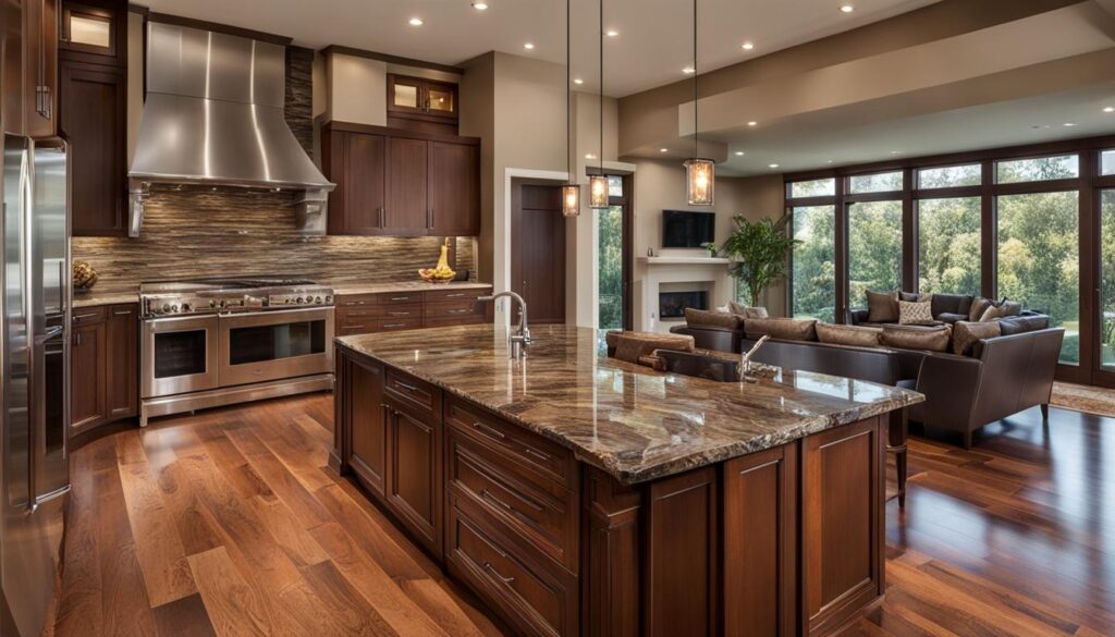 personalized kitchen design with hardwood floors and natural stone