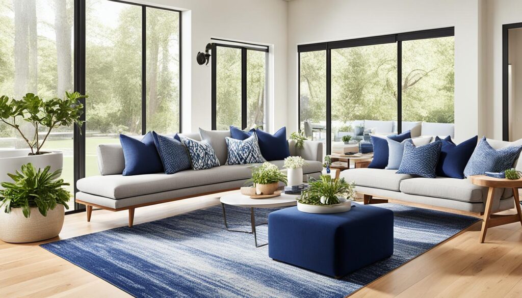 indigo and light wood interior design